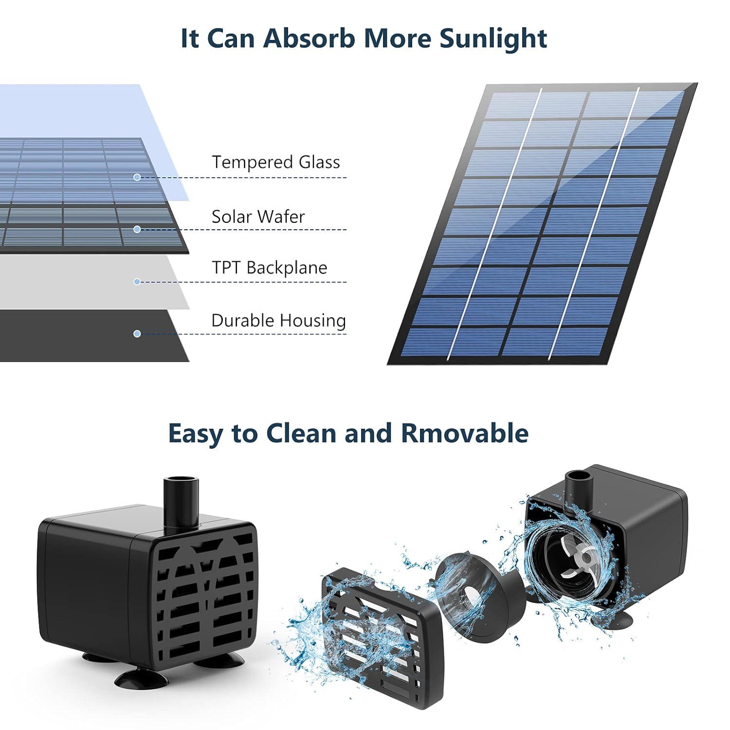 AISITIN 2.5W Solar Fountain Pump, DIY Outdoor Solar Water Fountain with 6 Nozzles and 4ft Water Pipe, Solar Powered Pump for Bird Bath, Ponds, Garden and Fish Tank Garden, Pond