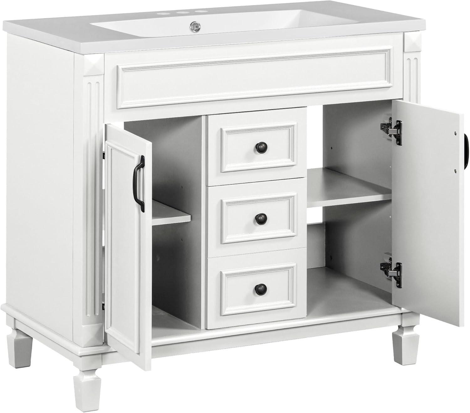 White Freestanding Bathroom Vanity with Ceramic Sink and Storage