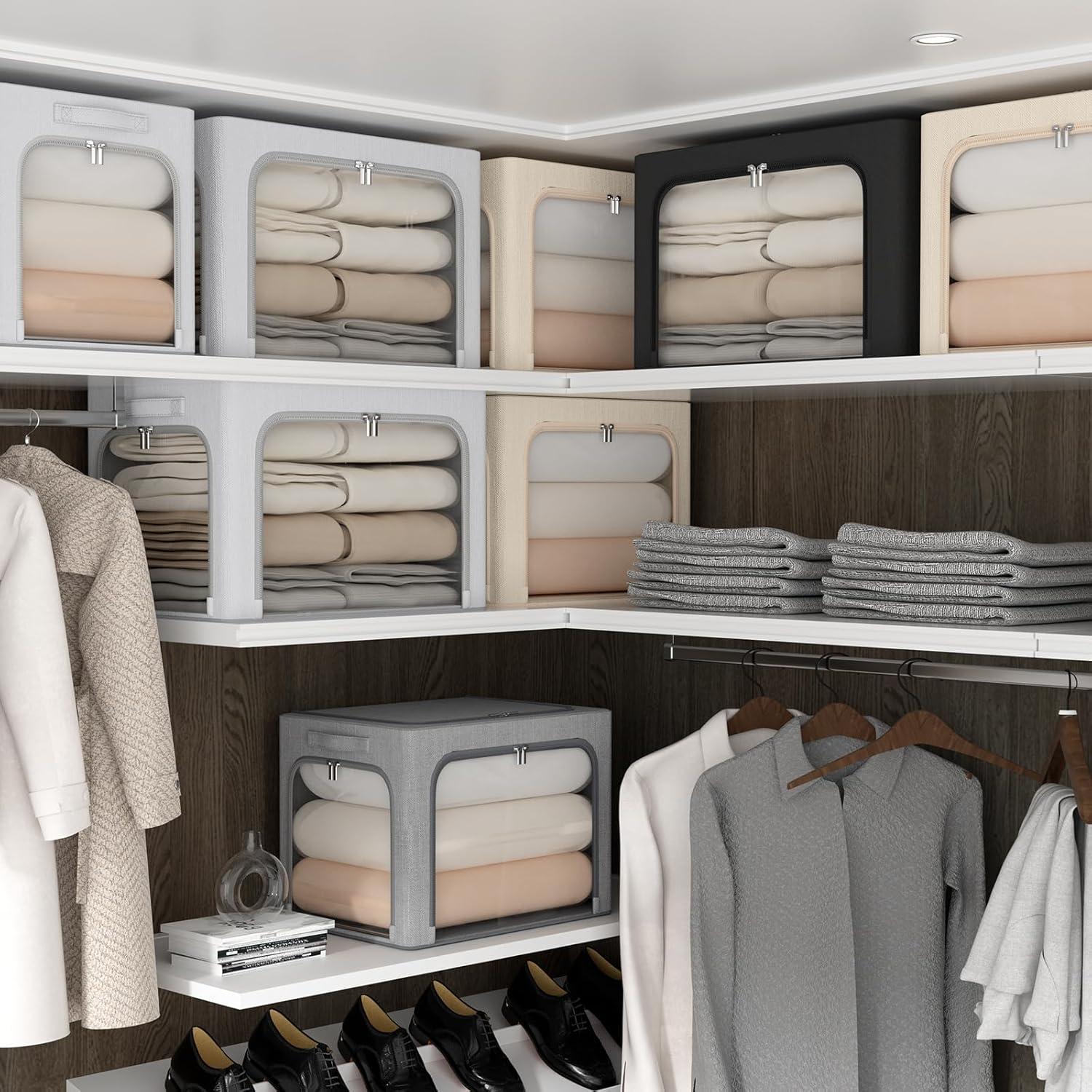 3 Openings Clothes Storage Bins With Metal Frame, Foldable Storage Bin For Clothes, Clothing Storage Bins With Lid, Linen Storage Box With Clear Window& Zippers& Durable Handles.(3 Pcs,Light Grey,40L)