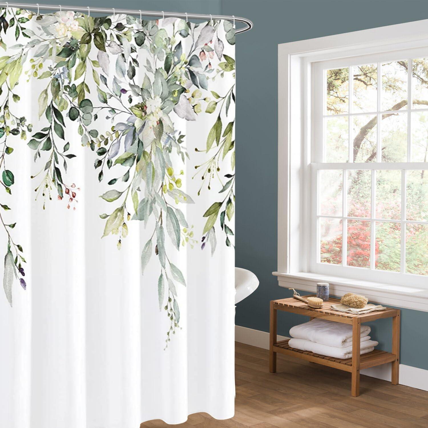 Eucalyptus Watercolor Leaves Semi-Sheer Waterproof Shower Curtain