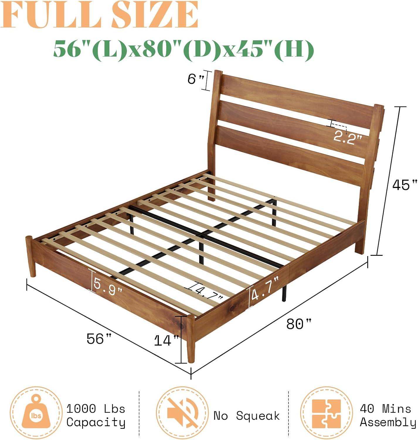 Solid Wood Bed Frame with Reclining Slatted Headboard