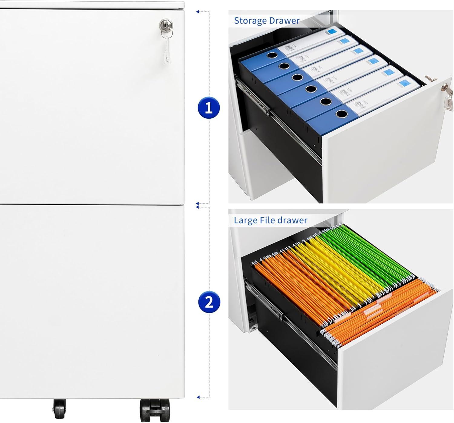 White Metal 2-Drawer Lockable Mobile Filing Cabinet