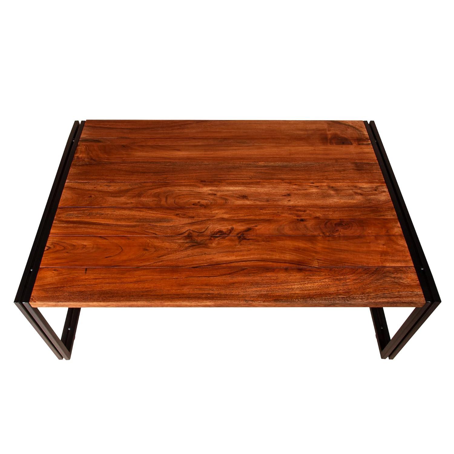 48 Inch Wooden Coffee Table with Double Metal Sled Base Brown and Black - Saltoro Sherpi