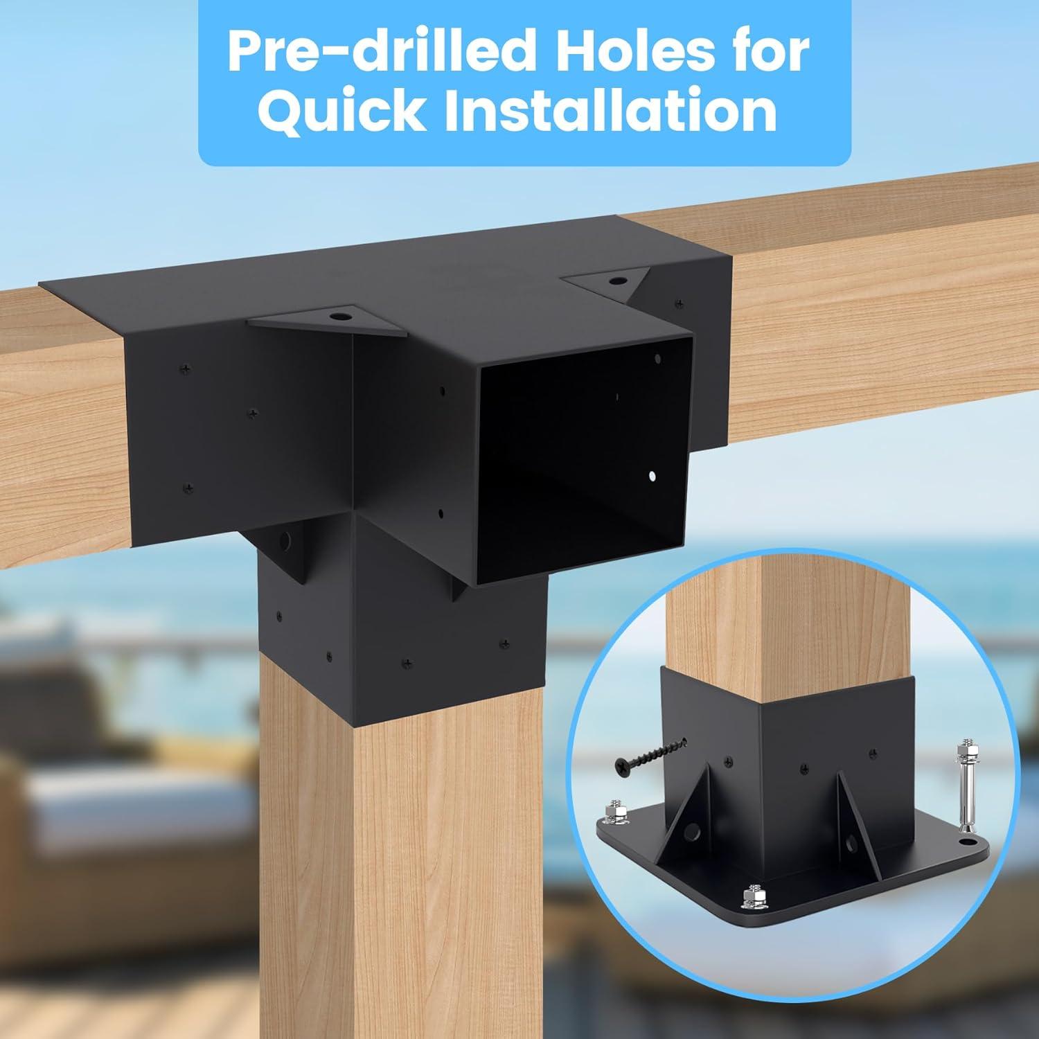 Pergola Kit Elevated Wood Stand Kit Woodwork for 4"x 4" (Actual 3.5" x 3.5"), Solid Steel Wooden Gazebo Kit for Outdoor 4-Way Right Angle Corner Bracket and Base Brackets - Includes Screws
