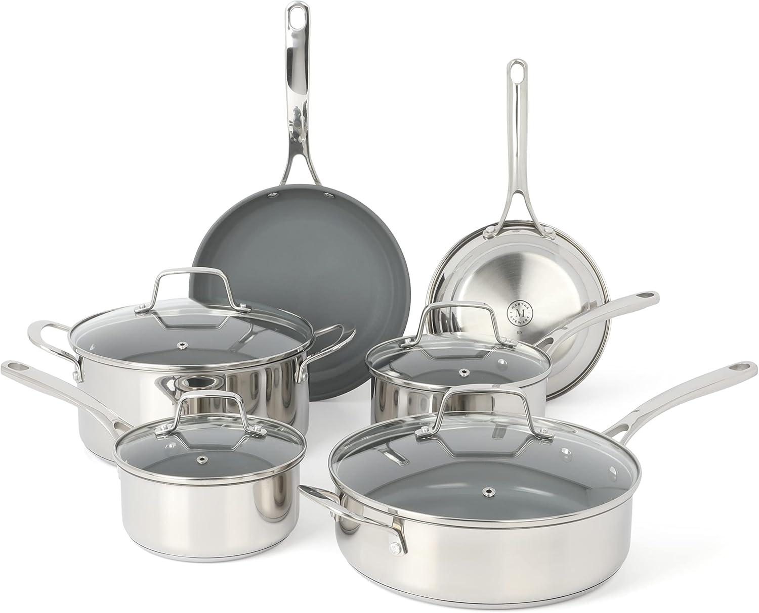 Martha Stewart Delaroux 10 Piece Stainless Steel Cookware Set w/ Nonstick Ceramic Interior