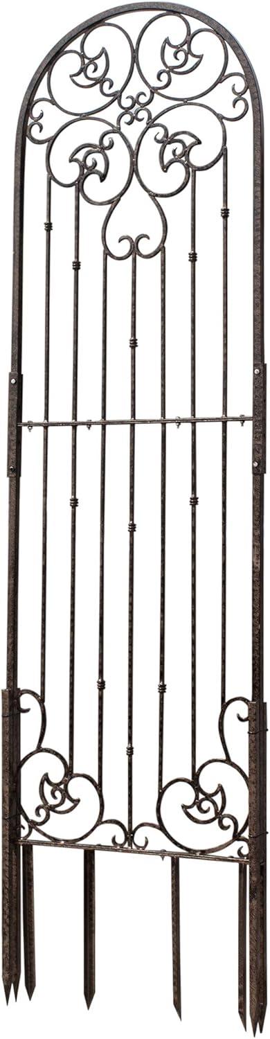 Tall Charcoal Brown Wrought Iron Garden Trellis with Scroll Design