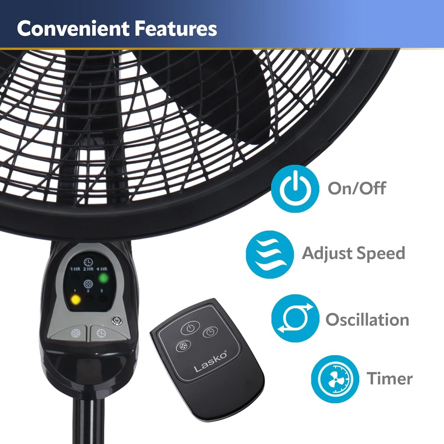 Lasko 54" Cyclone Oscillating 3-Speed Pedestal Fan with Remote and Timer, Black, 1843, New