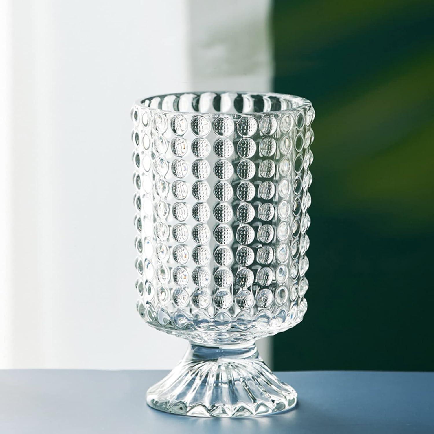 7 Inch Modern Glass Vase with Embossed Ribbed Base - Clear Hydroponic Design for Home Decor, Weddings Party Living Room, Dining Table Floral Arrangement Centerpiece