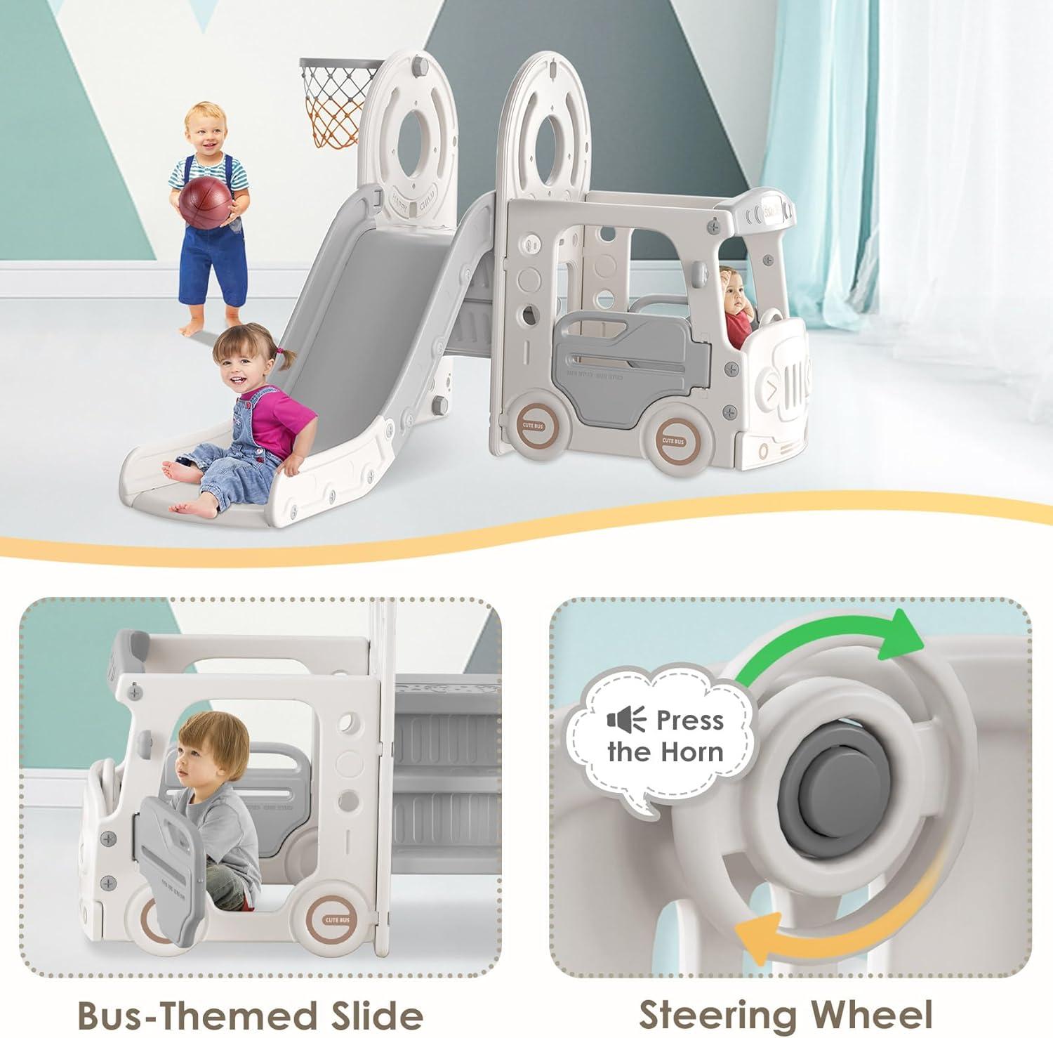 Suteck 4 in 1 Toddler Slide, Kids Slide with Climber and Bus Playhouse Outdoor Indoor Slide Playset