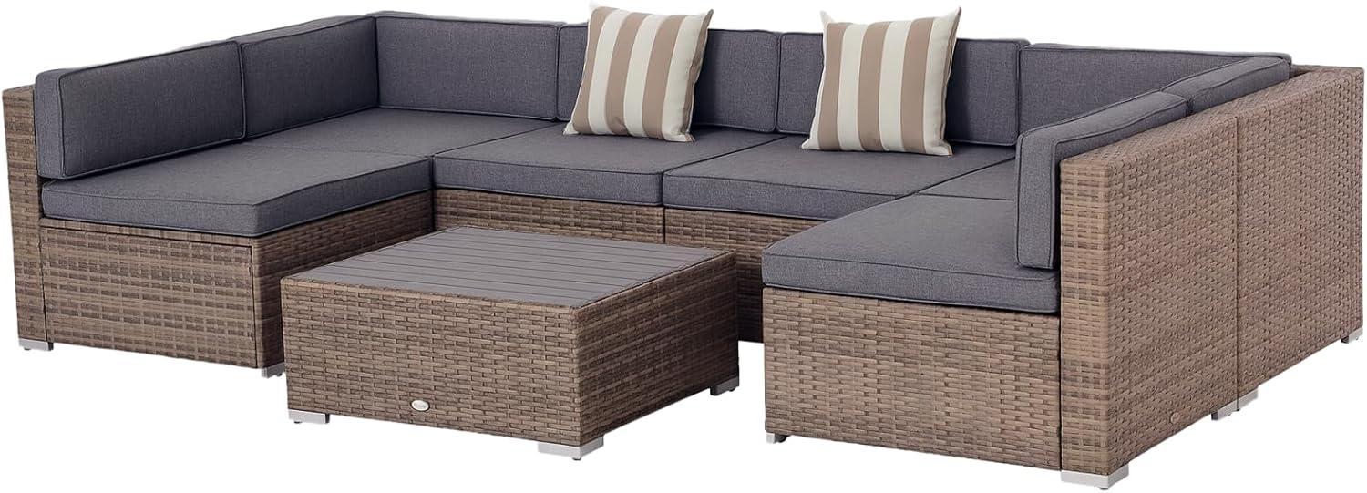 Outsunny 7-Piece Patio Furniture Set, Outdoor Wicker Conversation Set, All Weather PE Rattan Sectional Sofa w/ Faux Wood Table, Stripe Pillows, Gray