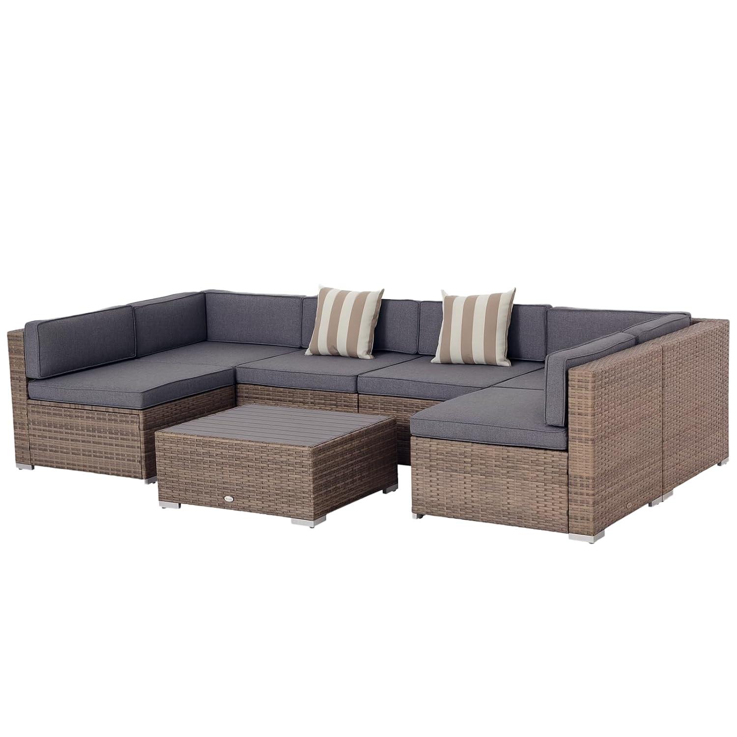 Outsunny 7-Piece Patio Furniture Set, Outdoor Wicker Conversation Set, All Weather PE Rattan Sectional Sofa w/ Faux Wood Table, Stripe Pillows, Gray