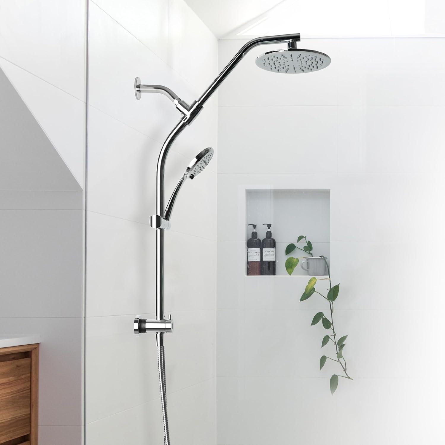 Chrome Dual Shower Head with Handheld Spray and Adjustable Height