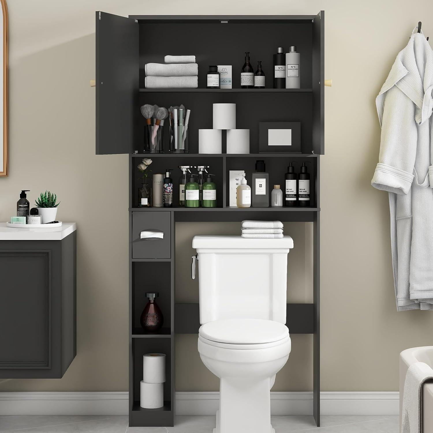 Bayou Breeze Over The Toilet Storage Cabinet, Rattan Storage Cabinet with 2 Doors & Toilet Paper Holder Stand, Freestanding Toilet Rack Space Saving and Adjustable Shelf