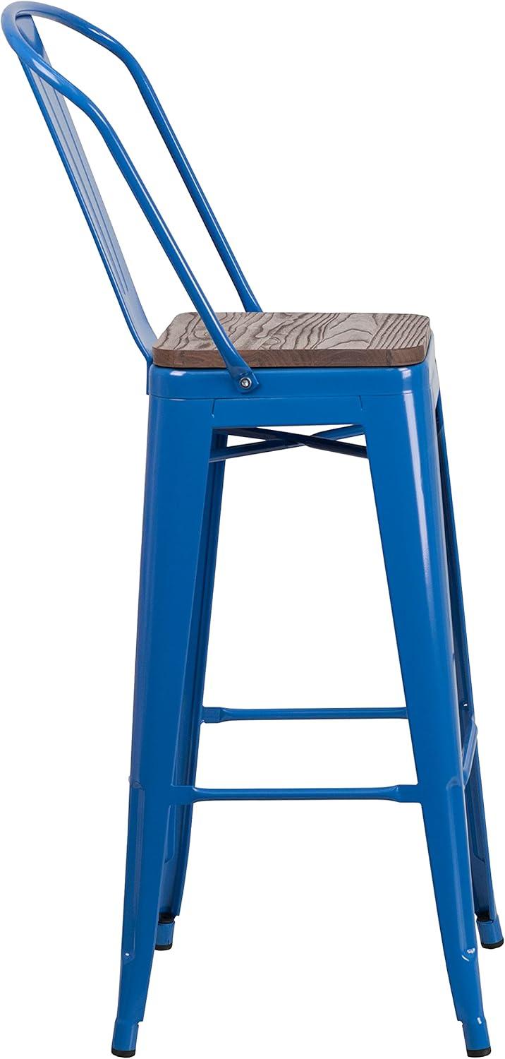 Emma and Oliver 30"H Blue Metal Barstool with Back and Wood Seat