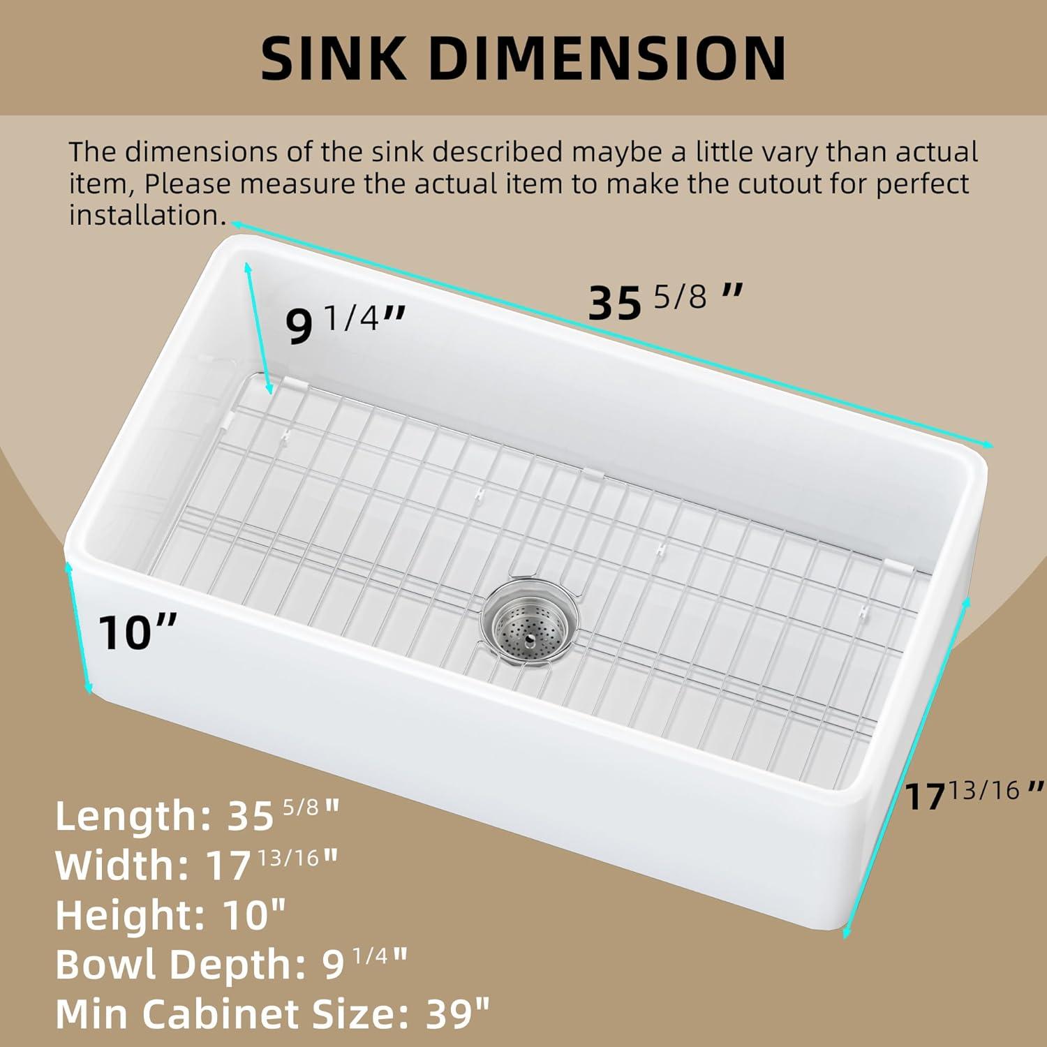 Farmhouse Sink 36 inch X 18 inch White Fireclay Apron Undermount Kitchen Farm Sink Single Bowl Large Big Modern Farmer Sinks with Luxury Accessories