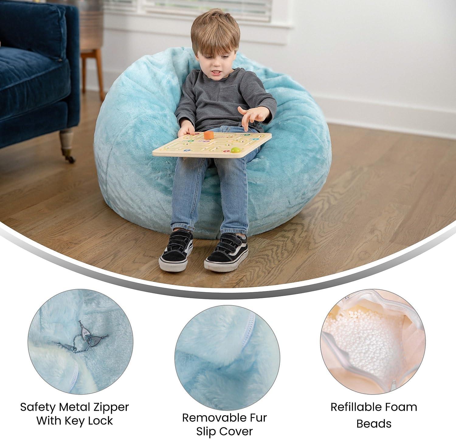 Teal Furry Small Round Bean Bag Chair with Removable Cover