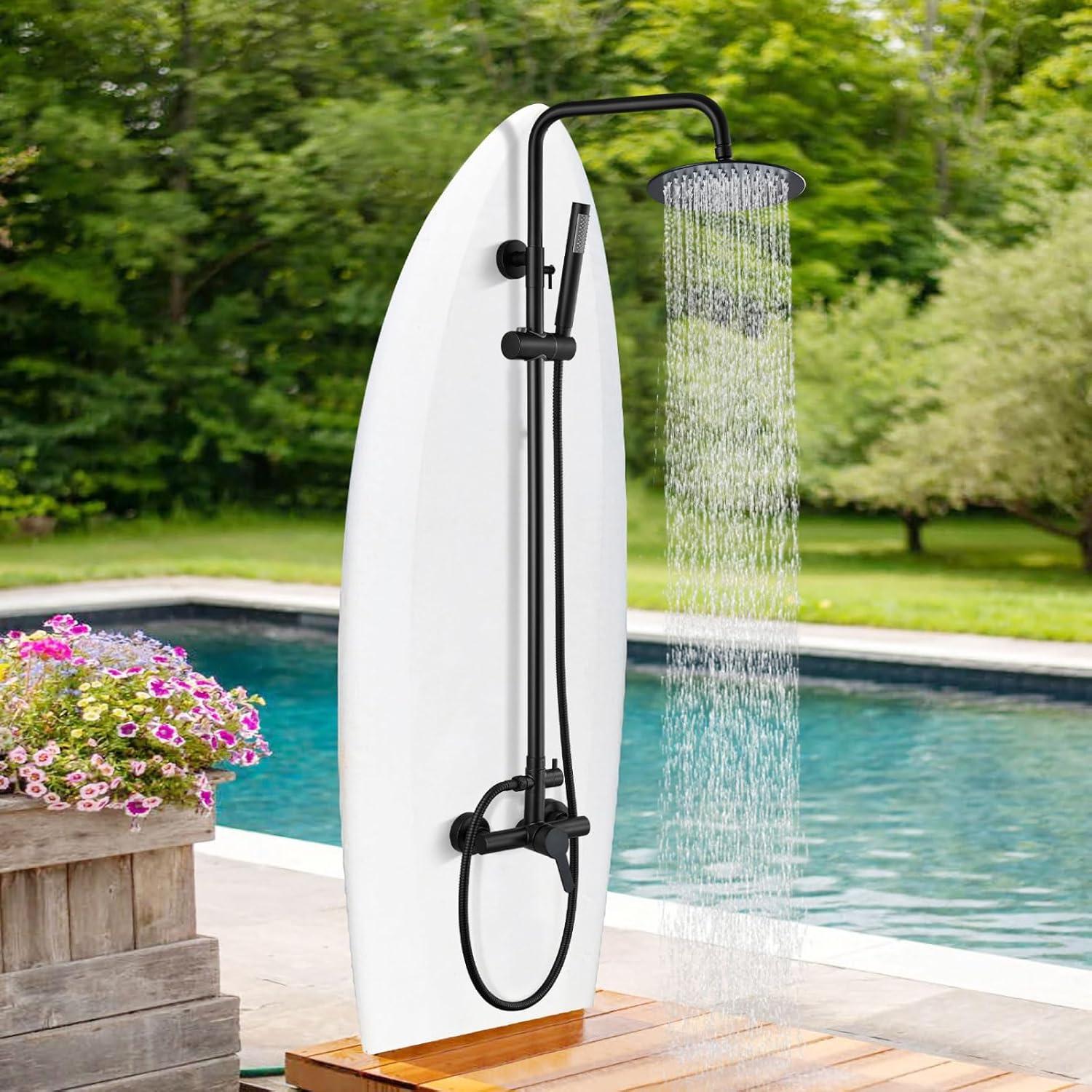 gotonovo SUS304 Outdoor Shower Fixture High Pressure Shower System Wall Mount 2 Dual Function Single Handle Shower Kit with 8 Inch Shower Head and Handheld Spray Shower Faucet Combo, Matte Black