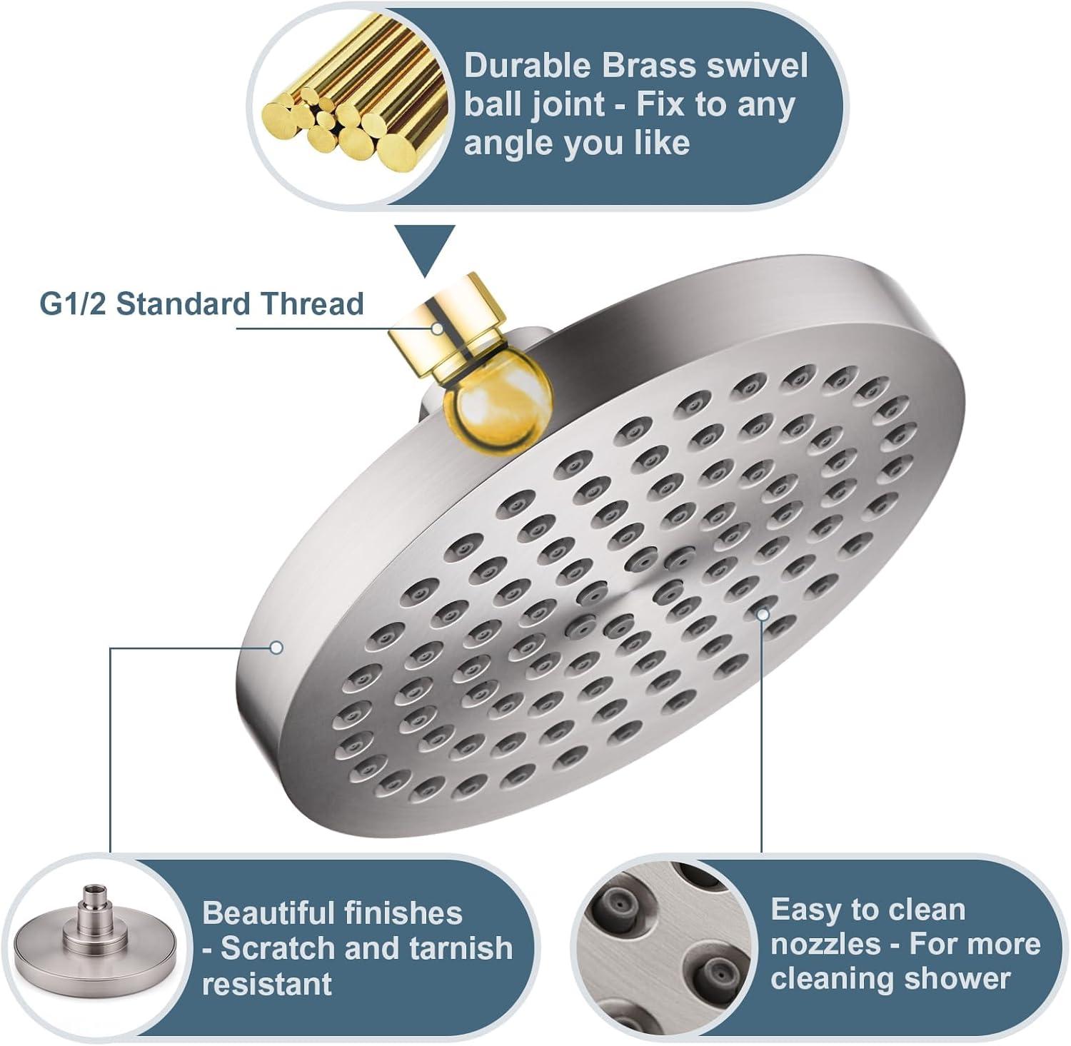 BRIGHT SHOWERS High Pressure Shower Head, 6 Inch Rain Shower Head, 2 Spray Settings Rainfall Shower Heads, Adjustable Angle Replacement Bathroom Showerhead, Easy Installation Brushed Nickel