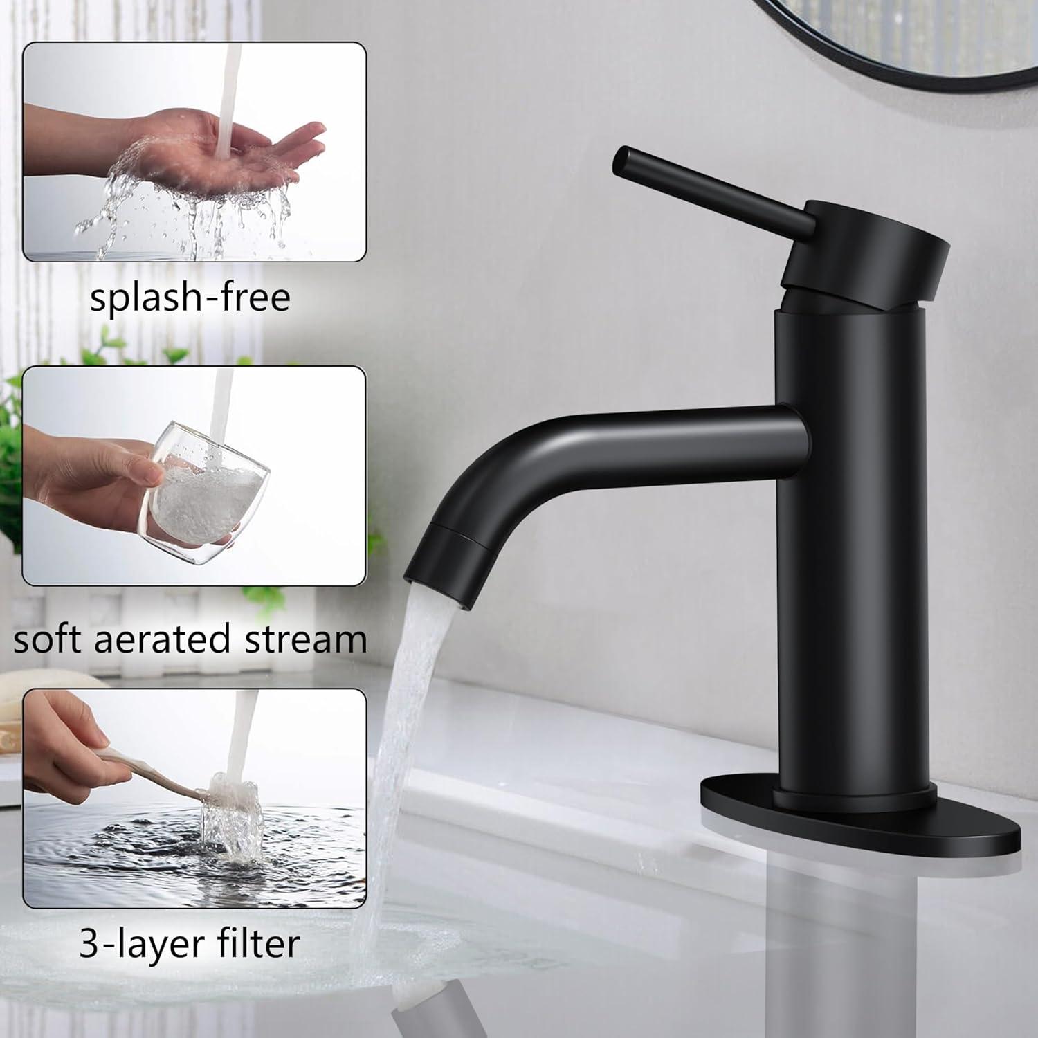 Matte Black Bathroom Faucet Black Bathroom Sink Faucet Single Handle Black Bathroom Faucet Modern Single Hole Faucet Bathroom with Pop-up Sink Drain Stopper & Deck Plate 1 or 3 Hole Bathroom Faucet