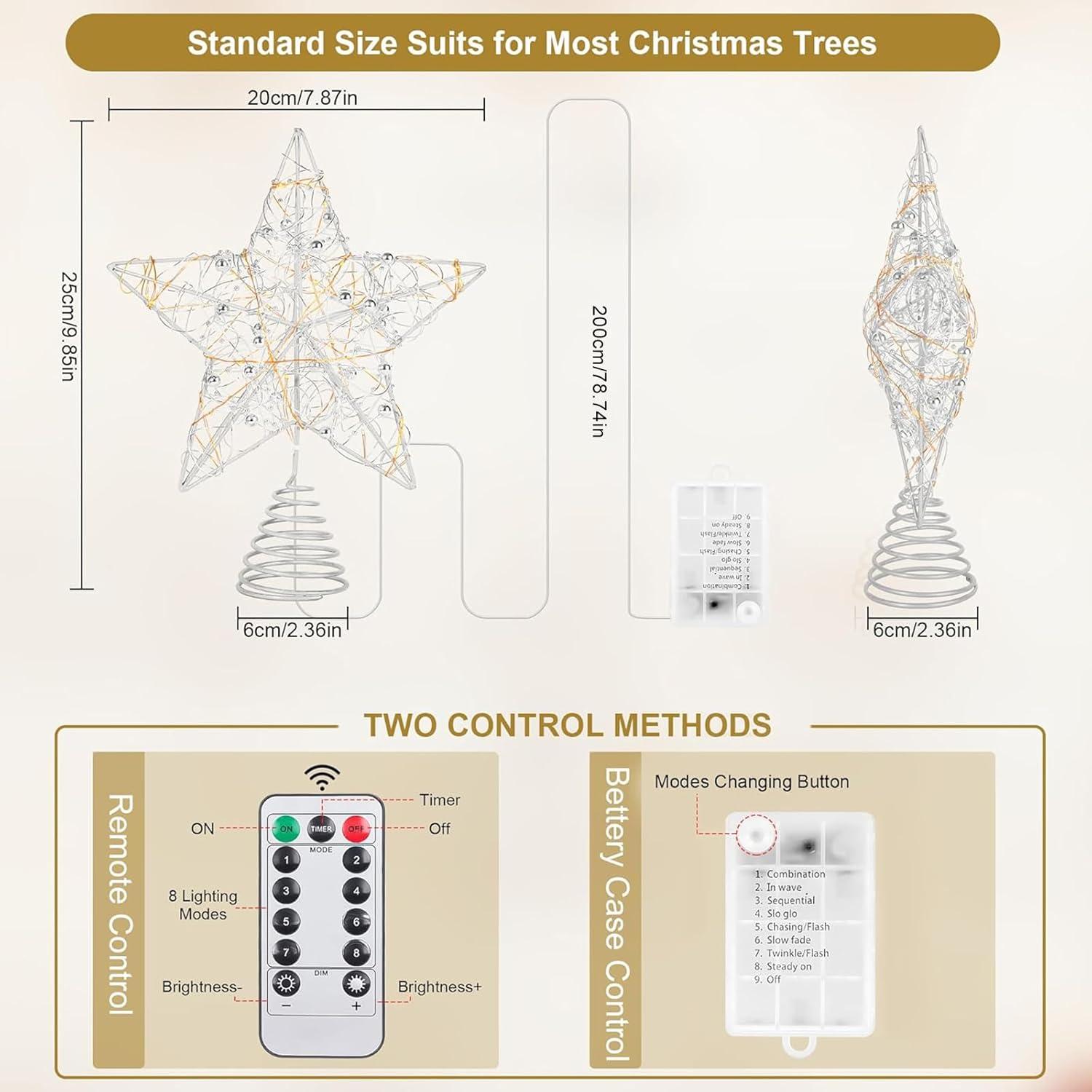 Gold LED Metal Star Christmas Tree Topper with Remote