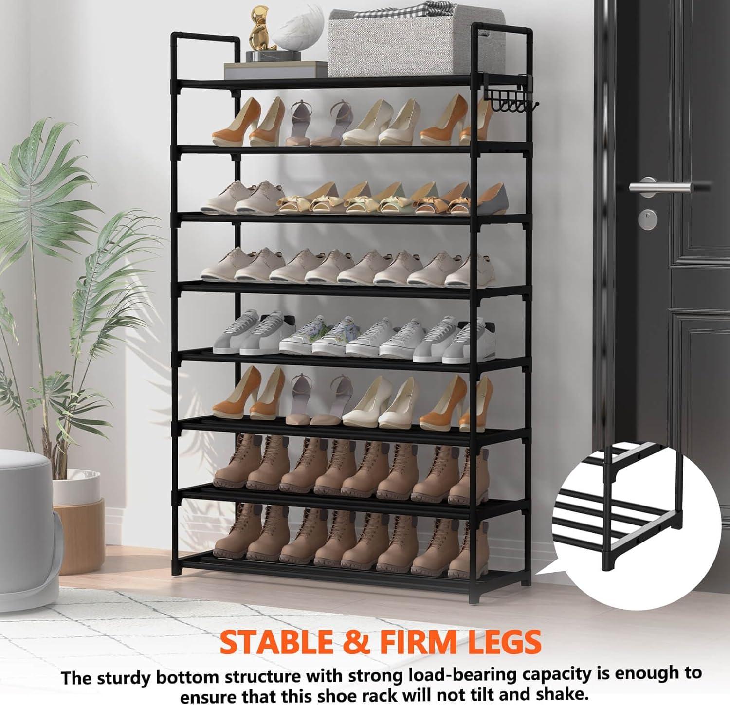 8-Tier Black Metal Stackable Shoe Rack with Hooks