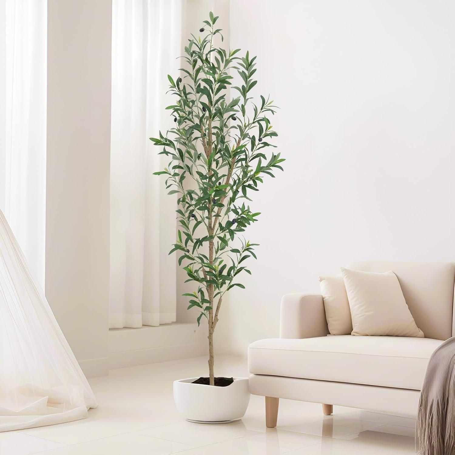 Aritizone Artificial Olive Tree 7FT Tall Fake Olive Tree with Adjustale Branches Artificial Tree for Modern Home Office Living Room Floor Decor Indoor (7FT)
