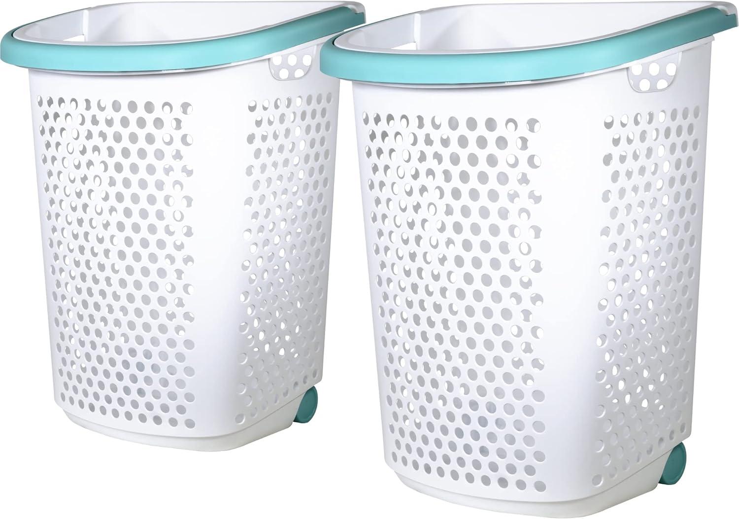 White Polypropylene Rolling Laundry Hamper with Pop-up Handle, 2 Pack