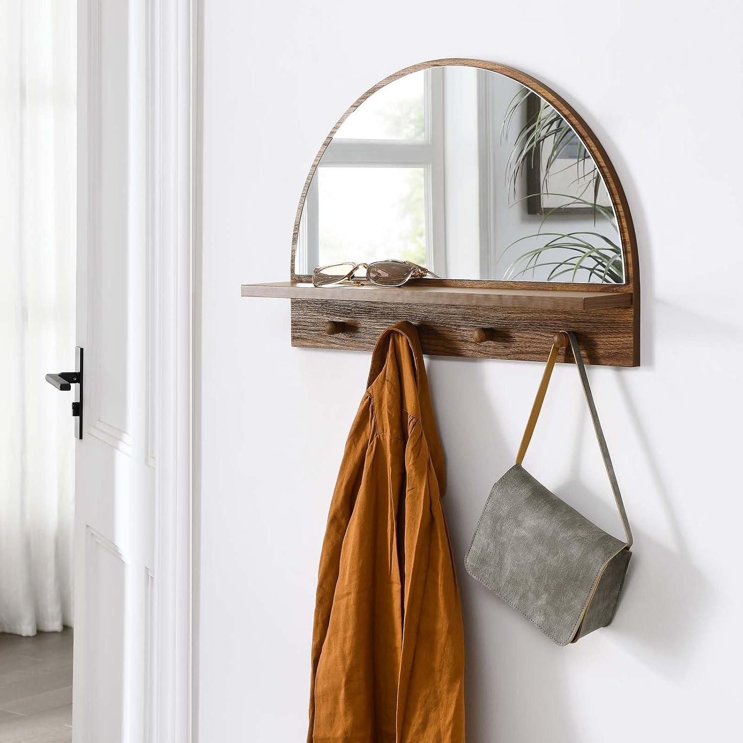 Walnut Arched Wall Mirror with Shelf and Pegs