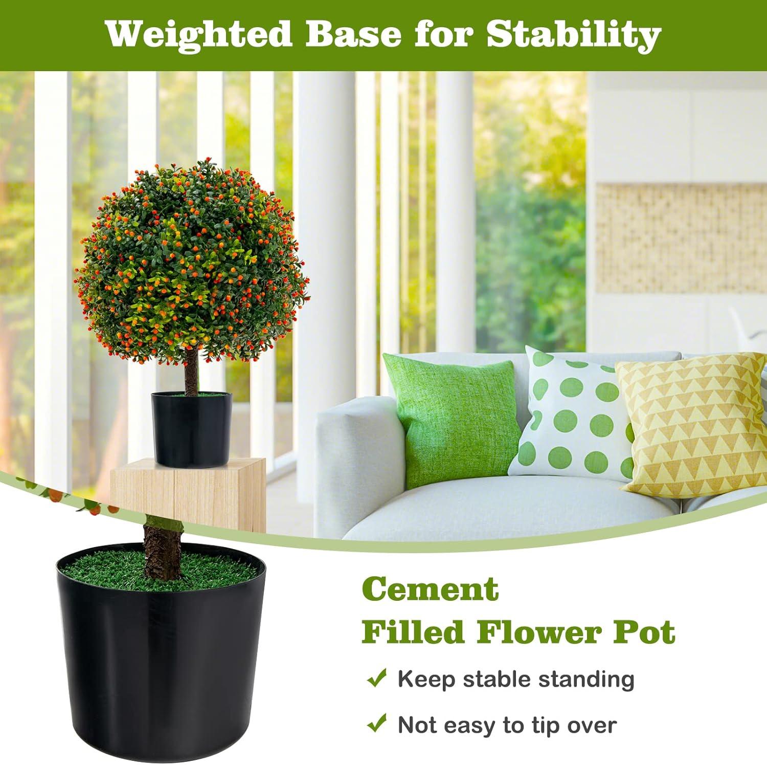 Costway 22'' Artificial Boxwood Topiary Ball Tree 2-Pack Faux Potted Plant w/Orange Fruit