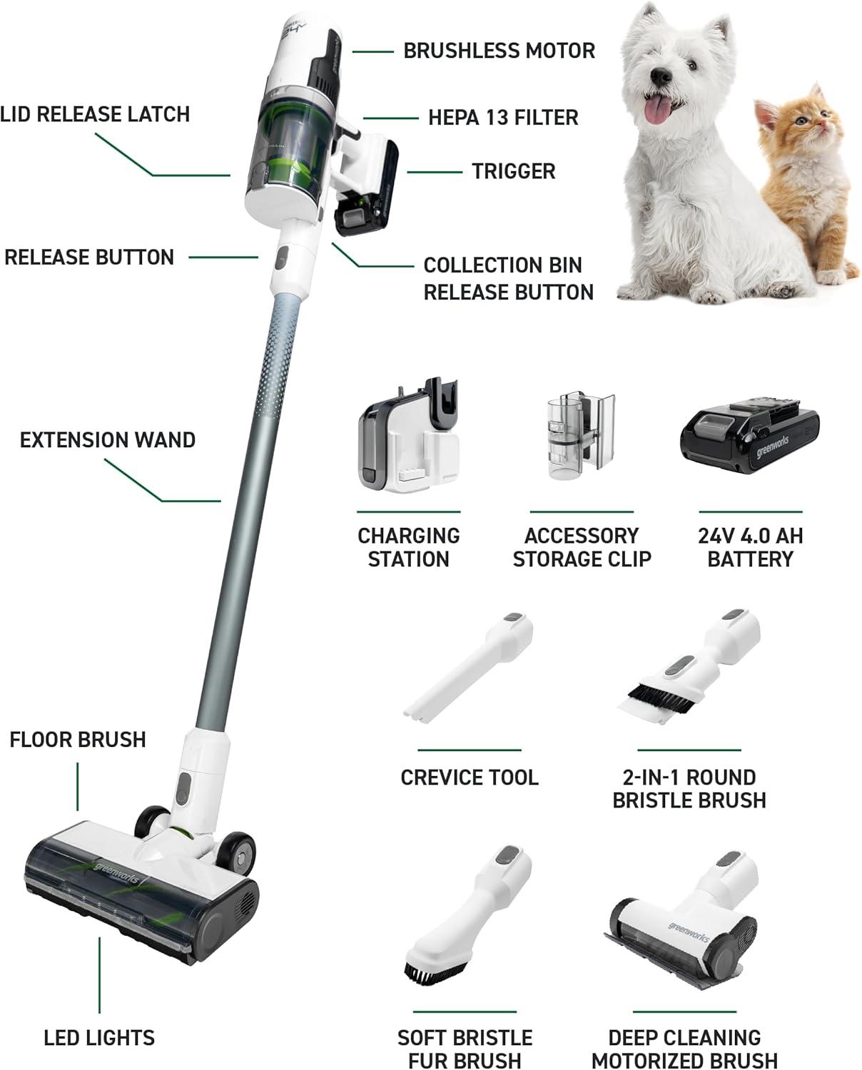 Greenworks 24V Brushless Cordless Stick Vacuum, Lightweight, Handheld, Pet, Anti-Allergen HEPA Filtration, Hard Floor, Carpet, Car, 4Ah Battery, and 30-Minute Charge Time (White)