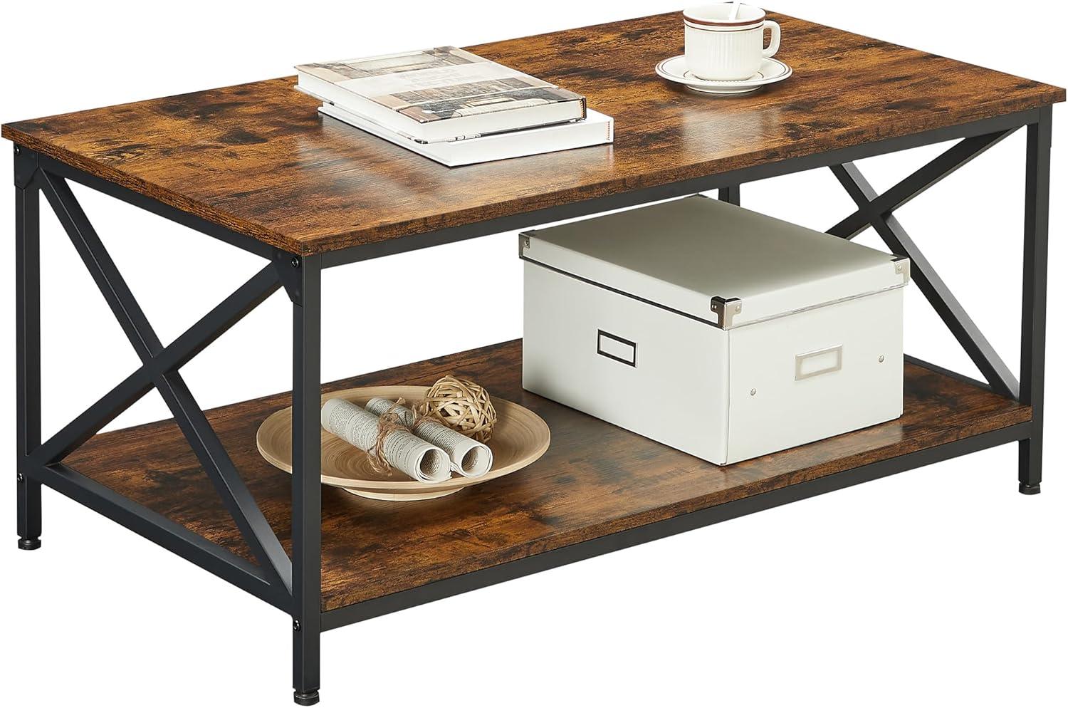 Rustic Brown and Black Industrial Coffee Table with Storage Shelf