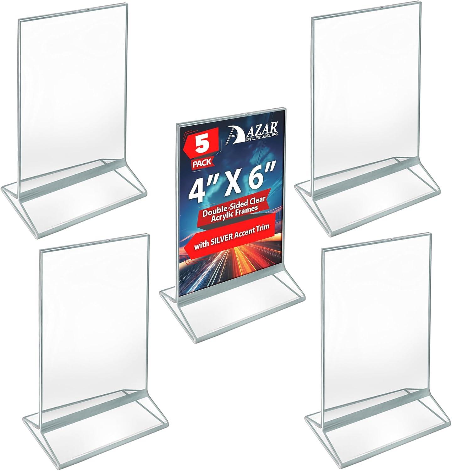 Azar Displays Double-Sided Clear Acrylic Frames with Silver Accent Trim 4" Wide x 6" High, 5 Pack