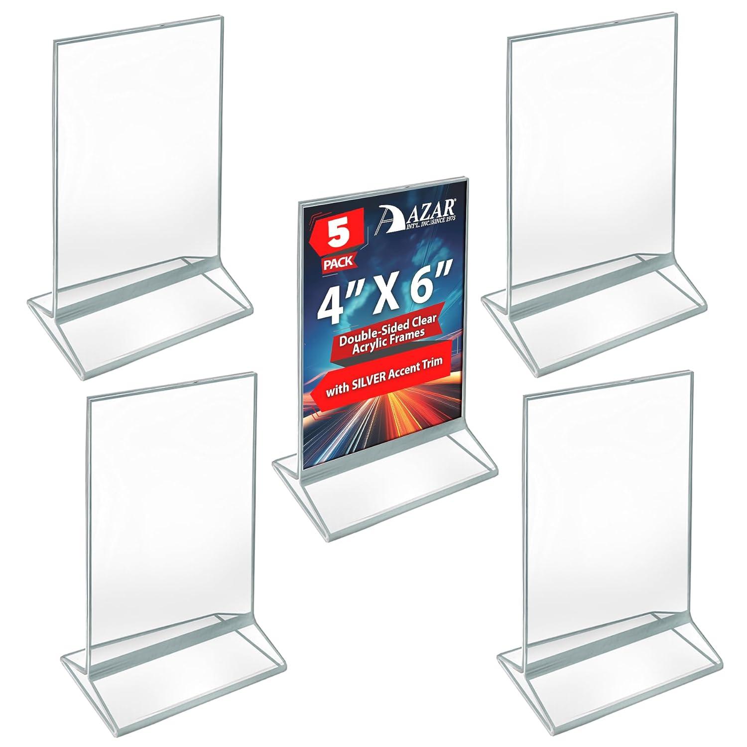 Azar Displays Double-Sided Clear Acrylic Frames with Silver Accent Trim 4" Wide x 6" High, 5 Pack