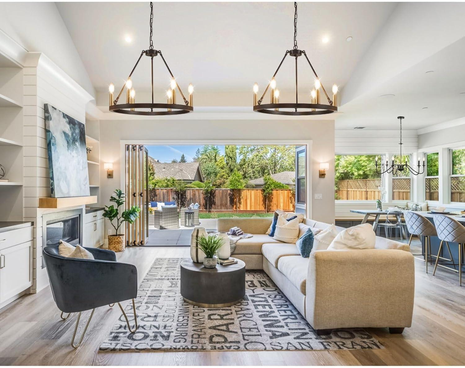 6-Light Black and Gold Chandelier, Farmhouse Wagon Wheel Chandelier, Round Chandeliers for Dining Room, Rustic Kitchen Island Iight Fixtures, Dining Room Light Fixtures Over Table