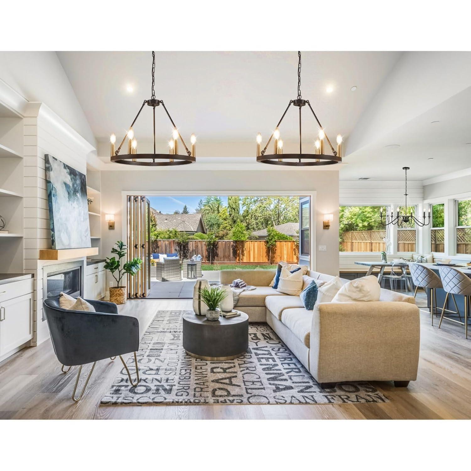 6-Light Black and Gold Chandelier, Farmhouse Wagon Wheel Chandelier, Round Chandeliers for Dining Room, Rustic Kitchen Island Iight Fixtures, Dining Room Light Fixtures Over Table