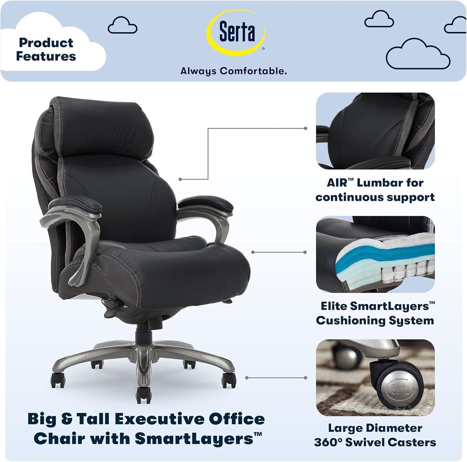 Serta Jackson Big and Tall Executive Office Chair with AIR Technology and Smart Layers