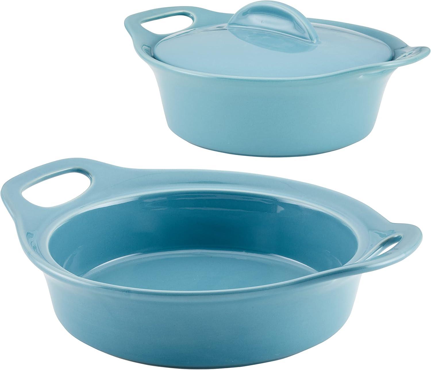 Rachael Ray Solid Glaze Ceramic 3pk Round Casserole Set with Shared Lid Agave Blue: Bakeware with Lid, Even-Heating