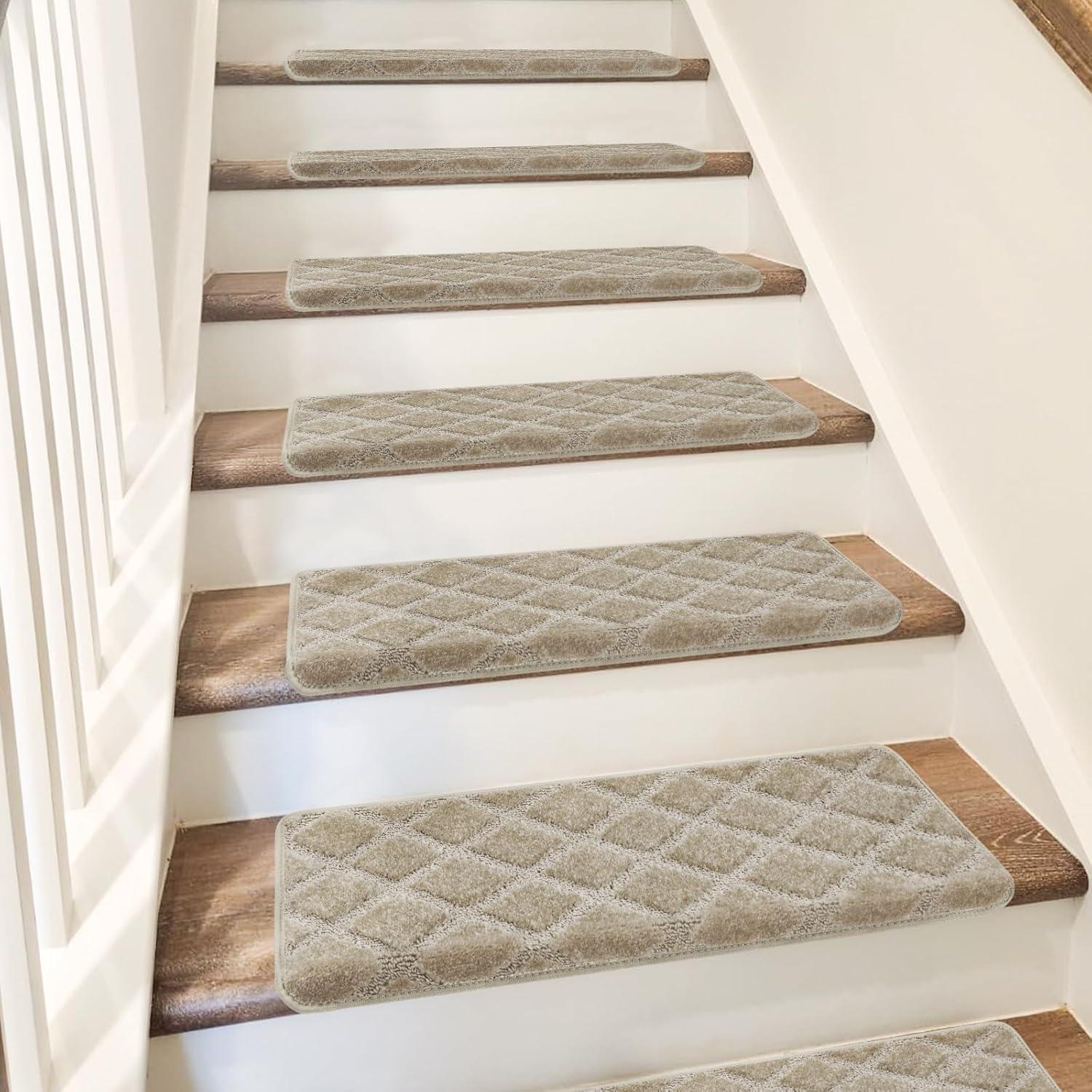 PURE ERA Bullnose Carpet Stair Treads Protectors for Wooden Steps 9.5" x 30"x1.2" Pet Friendly Tape Free Non-Slip (Set of 14 Pieces,Cream Gray Diamond Trellis)