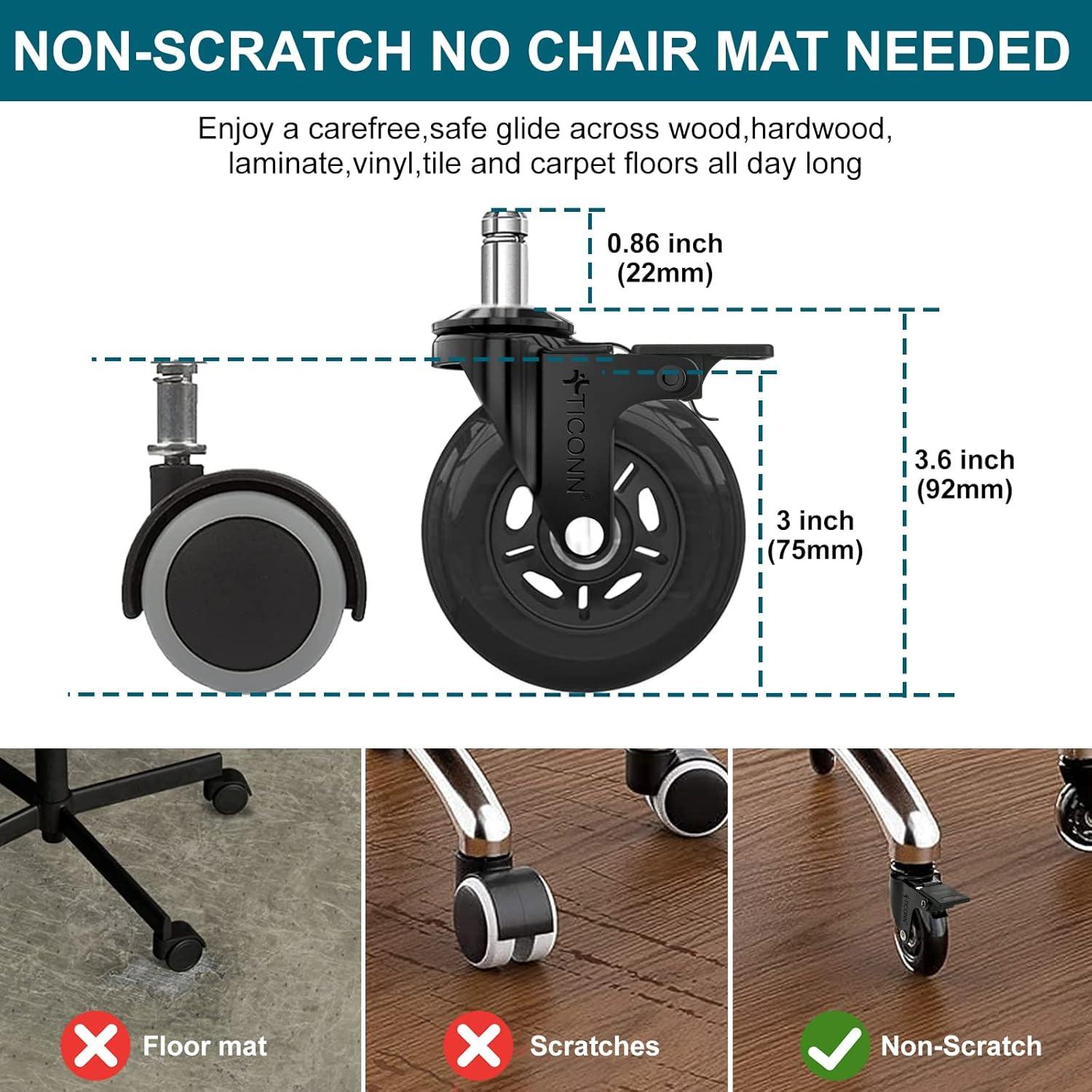 TICONN Office Chair Caster Wheels Set of 5 for Tile, Hardwood Floors and Carpets, Universal Fit for Most Chairs (Black)