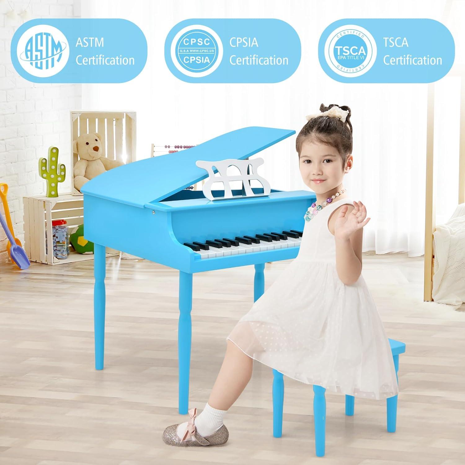 Costway 30-Key Classic Baby Grand Piano Toddler Toy Wood with Bench & Music Rack Blue