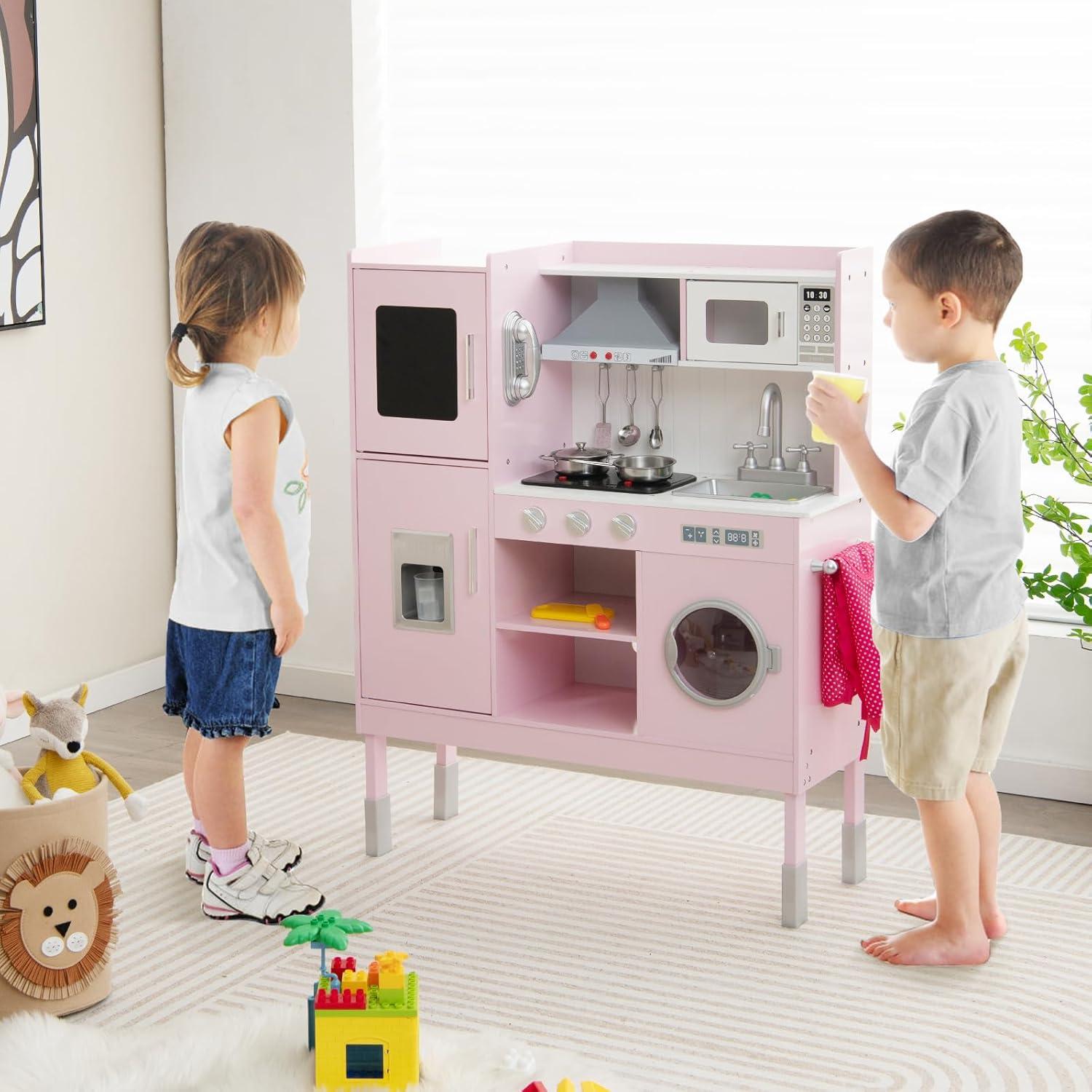 Pink Adjustable Height Wooden Kids Play Kitchen Set