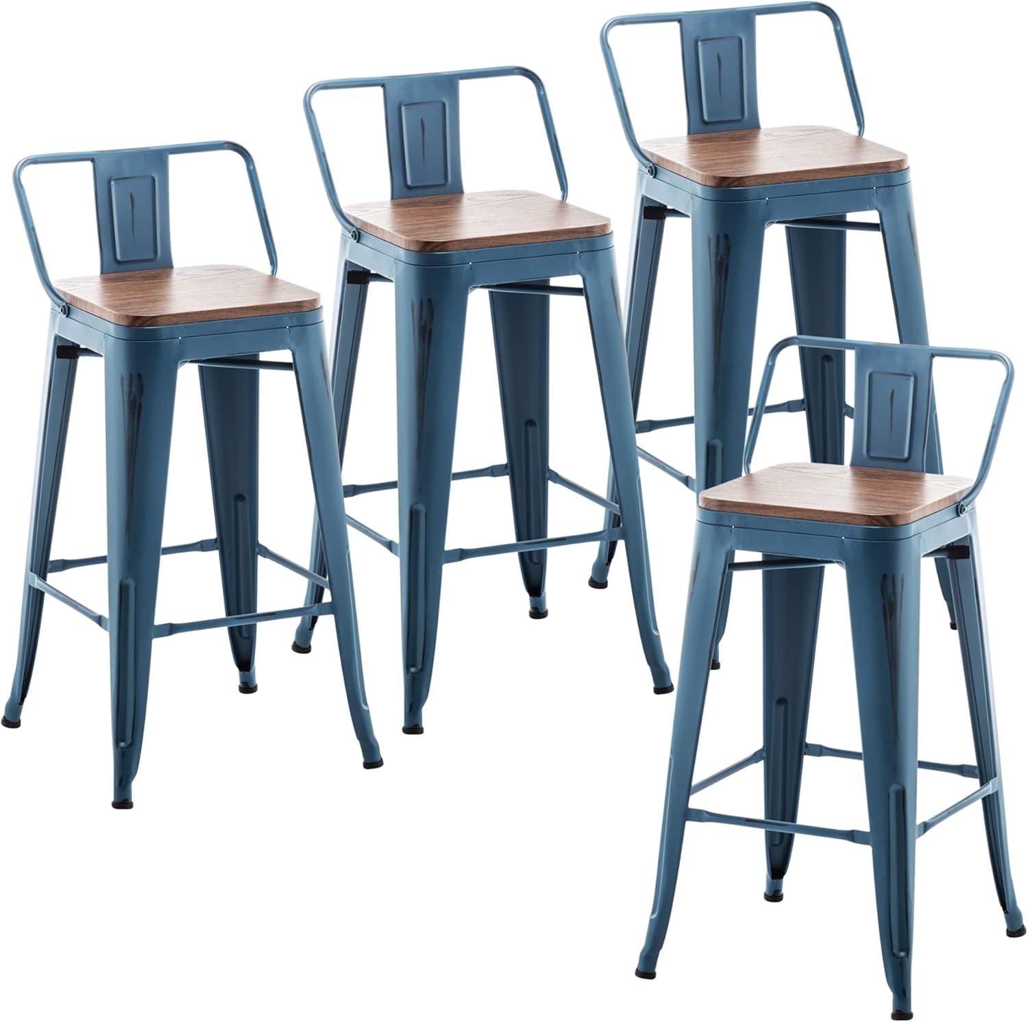 Distressed Navy Industrial Metal Bar Stools with Wood Seats