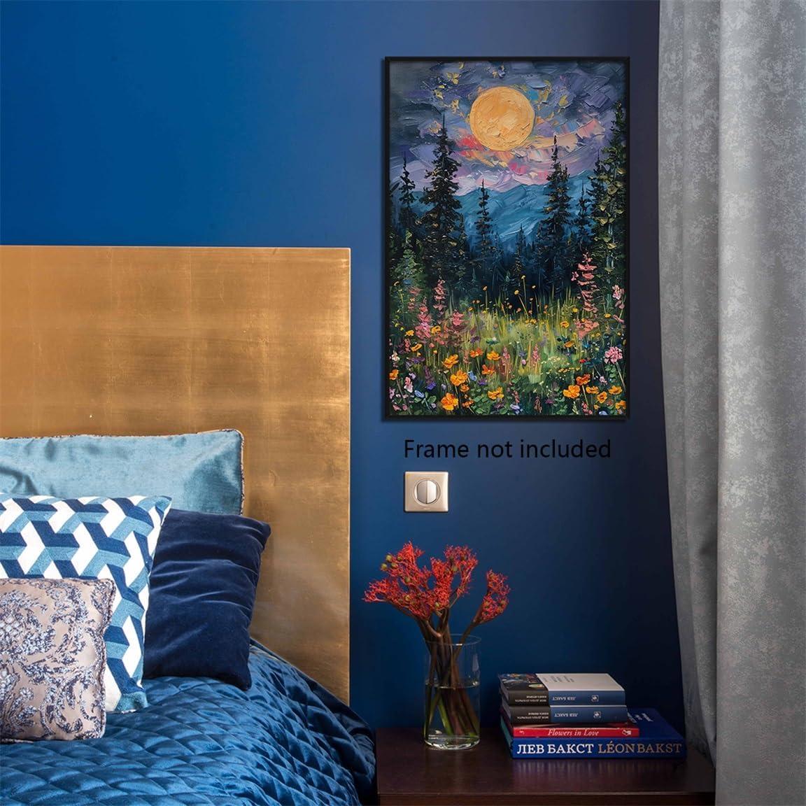 SYDposter Vintage Full Moon Above The Wildflowers Canvas Wall Art, Mystical Midnight Woodland Art Print Poster, Retro Flowers and Trees Nature Oil Painting, Dark Forest Landscape 12x16in Unframed