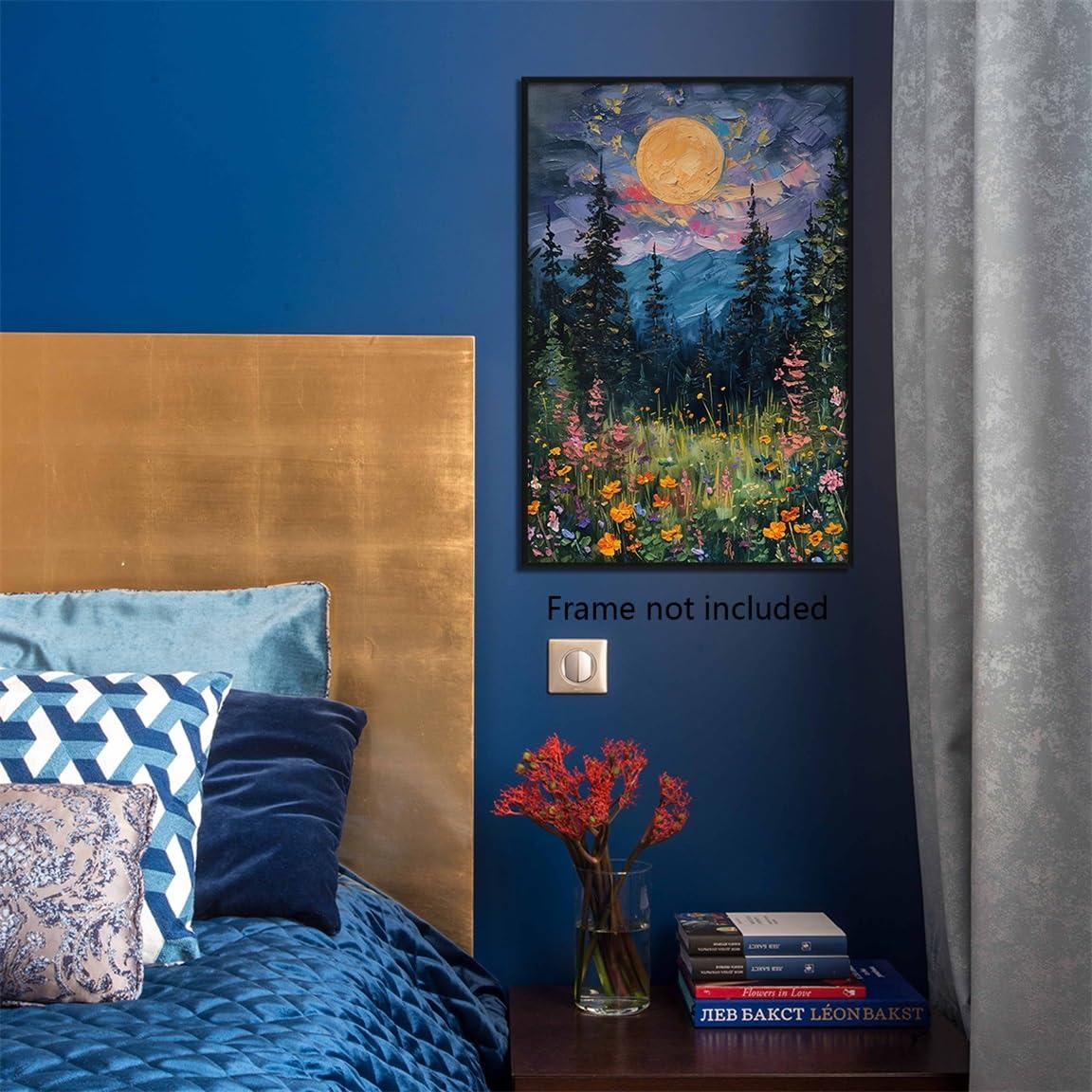 SYDposter Vintage Full Moon Above The Wildflowers Canvas Wall Art, Mystical Midnight Woodland Art Print Poster, Retro Flowers and Trees Nature Oil Painting, Dark Forest Landscape 12x16in Unframed