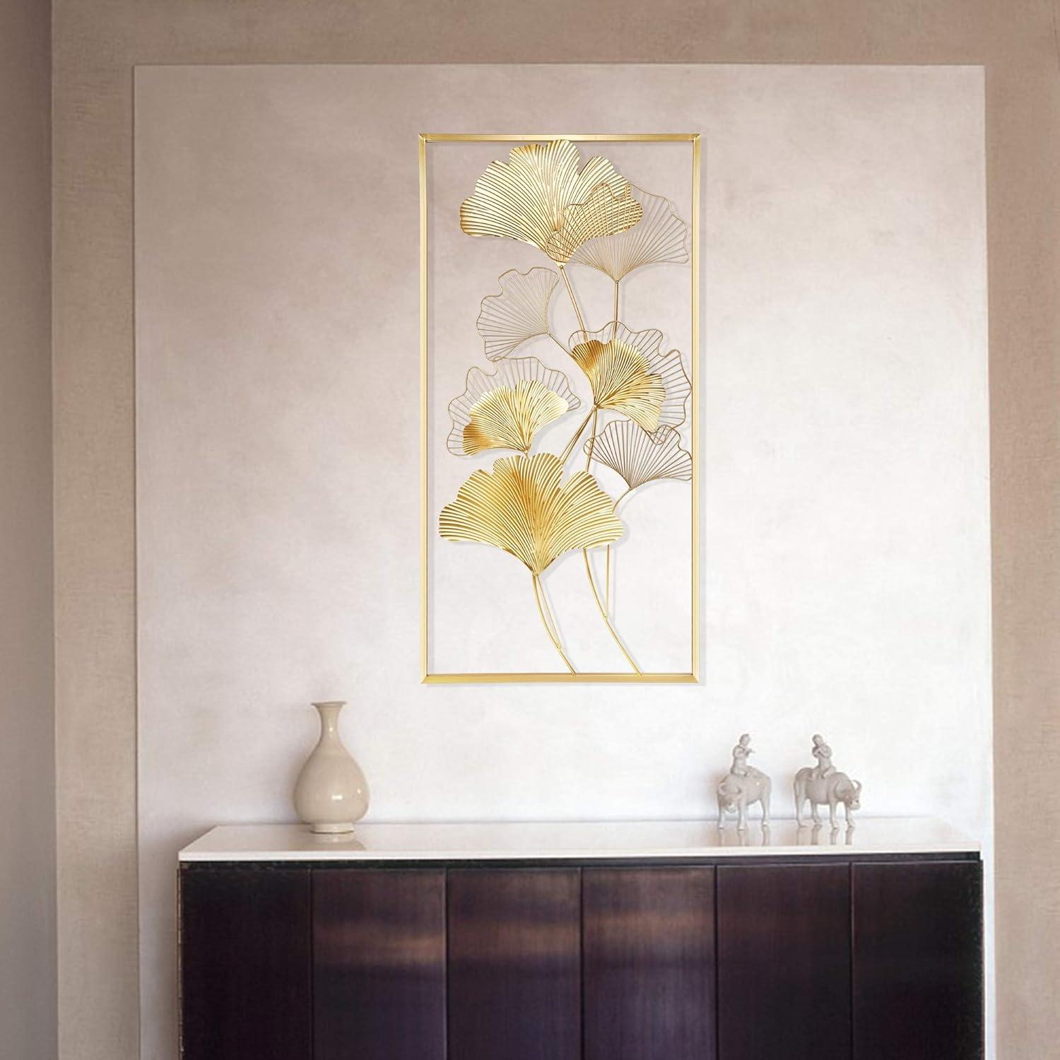 Golden Ginkgo Leaves Rectangular Metal Wall Sculpture