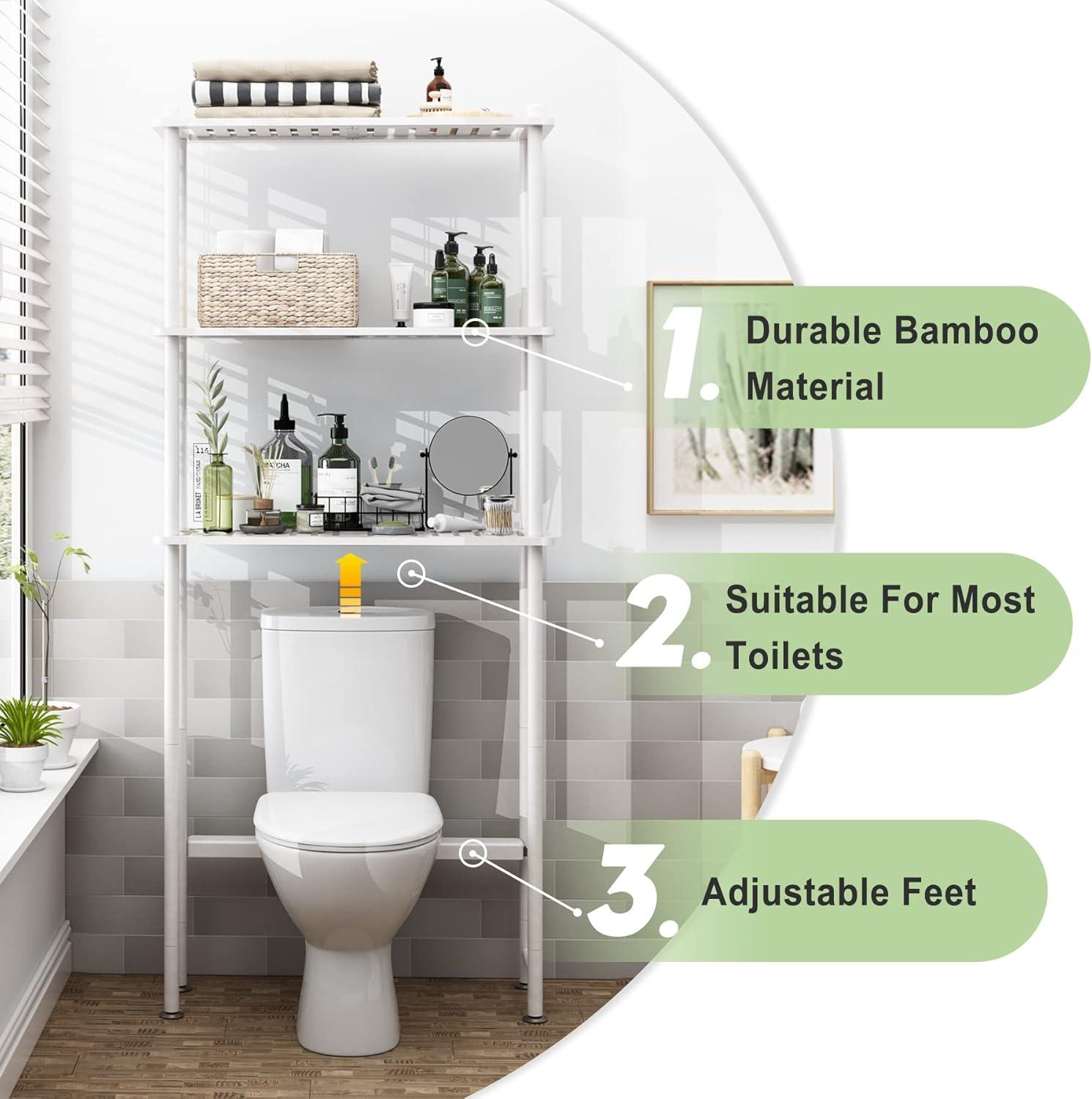 AmazerBath Bamboo Over The Toilet Storage Shelf, Over Toilet Bathroom Organizer Rack, 3-Tier Bathroom Shelves Over Toilet, Space Saver, White