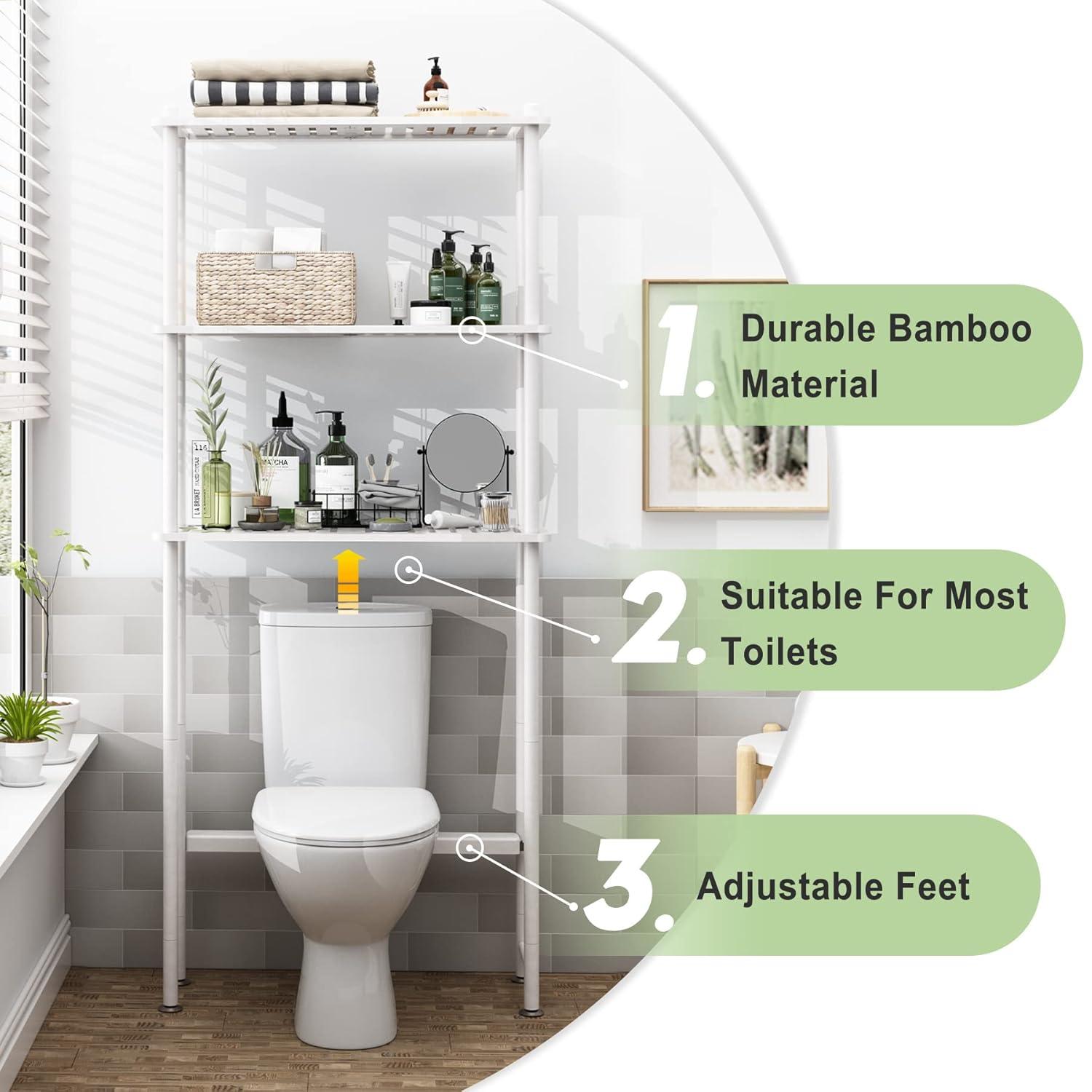 AmazerBath Bamboo Over The Toilet Storage Shelf, Over Toilet Bathroom Organizer Rack, 3-Tier Bathroom Shelves Over Toilet, Space Saver, White