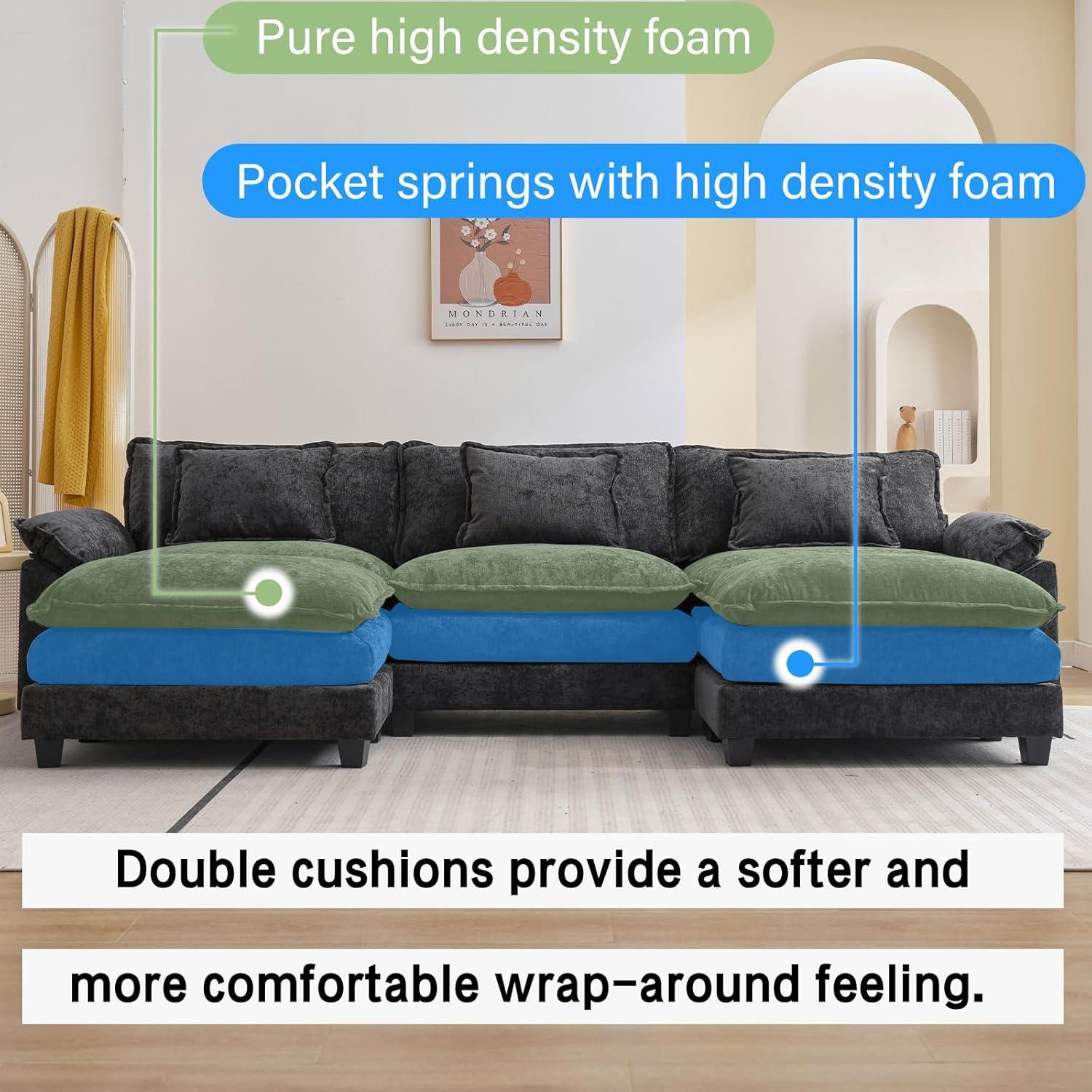 L Shape Sofa Comfy Sectional Cloud Couch for Living Room with Pillows, Modern Chenille Sofa Sleeper Deep Couches with Ottoman (Black, 4-Seat)