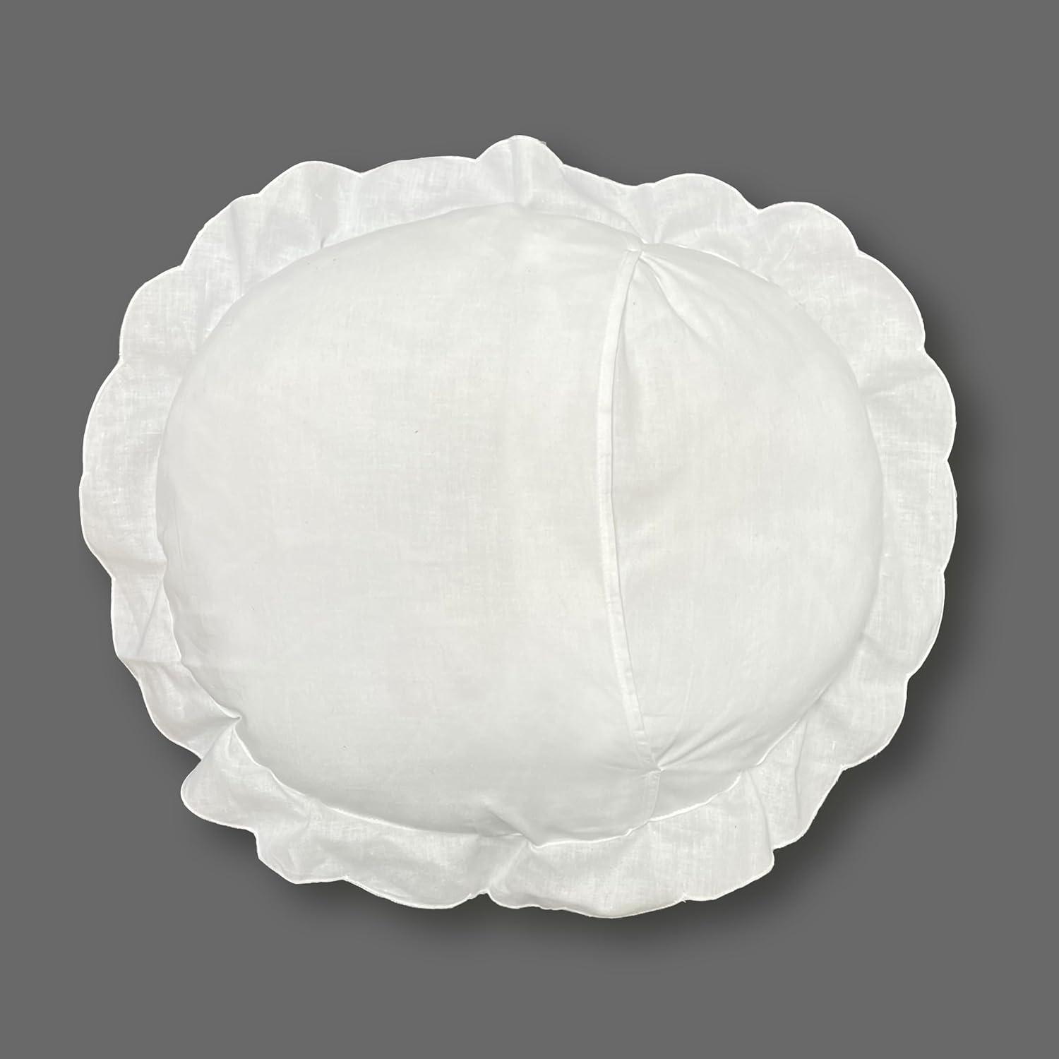 White Cotton Embroidered Round Pillow Set with Ruffled Edges