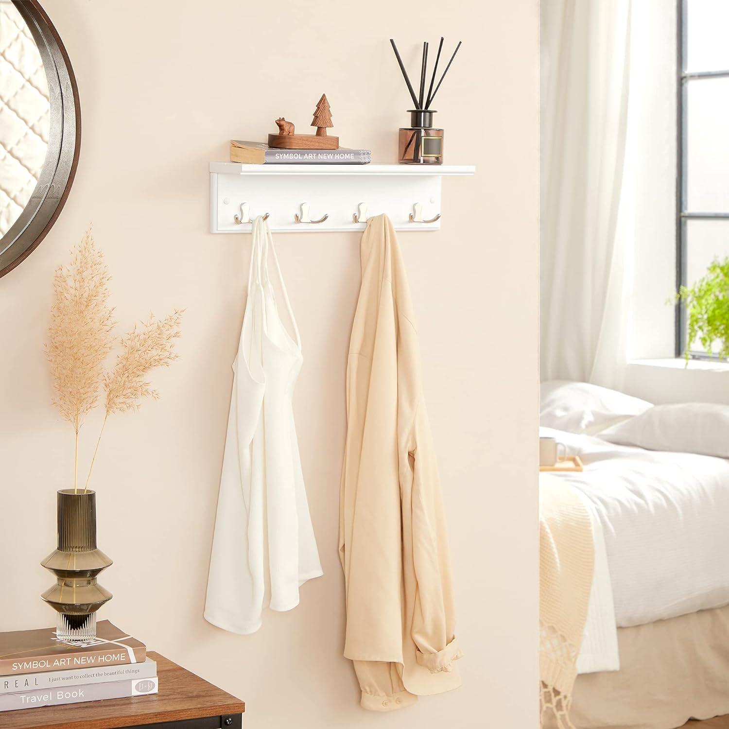 White MDF Wall-Mounted Coat Rack with Shelf and Metal Hooks